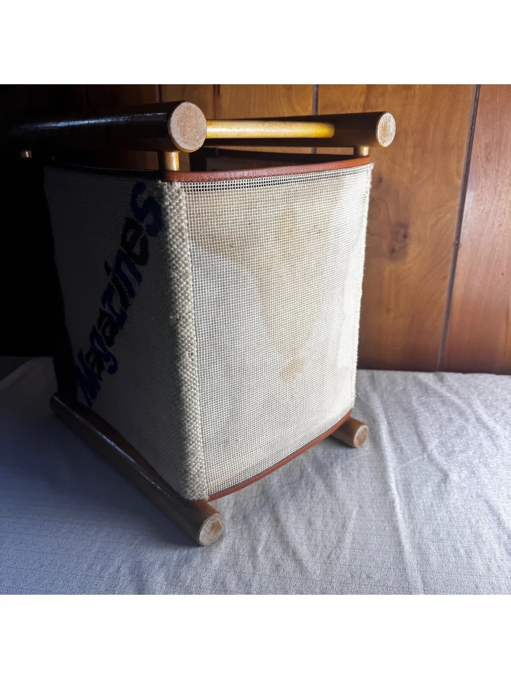Vintage Wooden Magazine Rack Brown Leather Canvas Sling Holder Mid Century 13x12